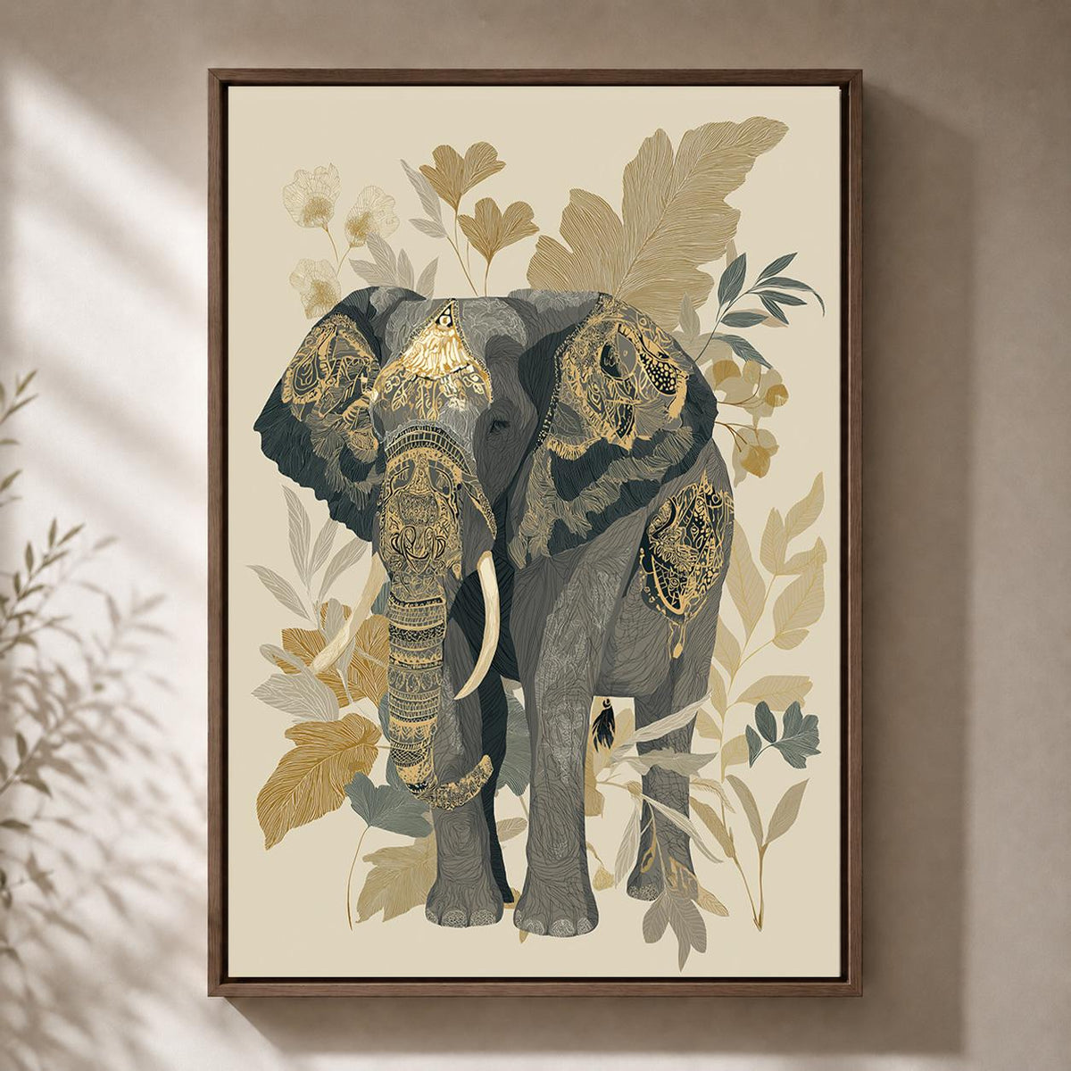 Neutral Elephant Framed Canvas Art, Boho Safari Botanical Animal Decor by The Wall Art Studio - physical