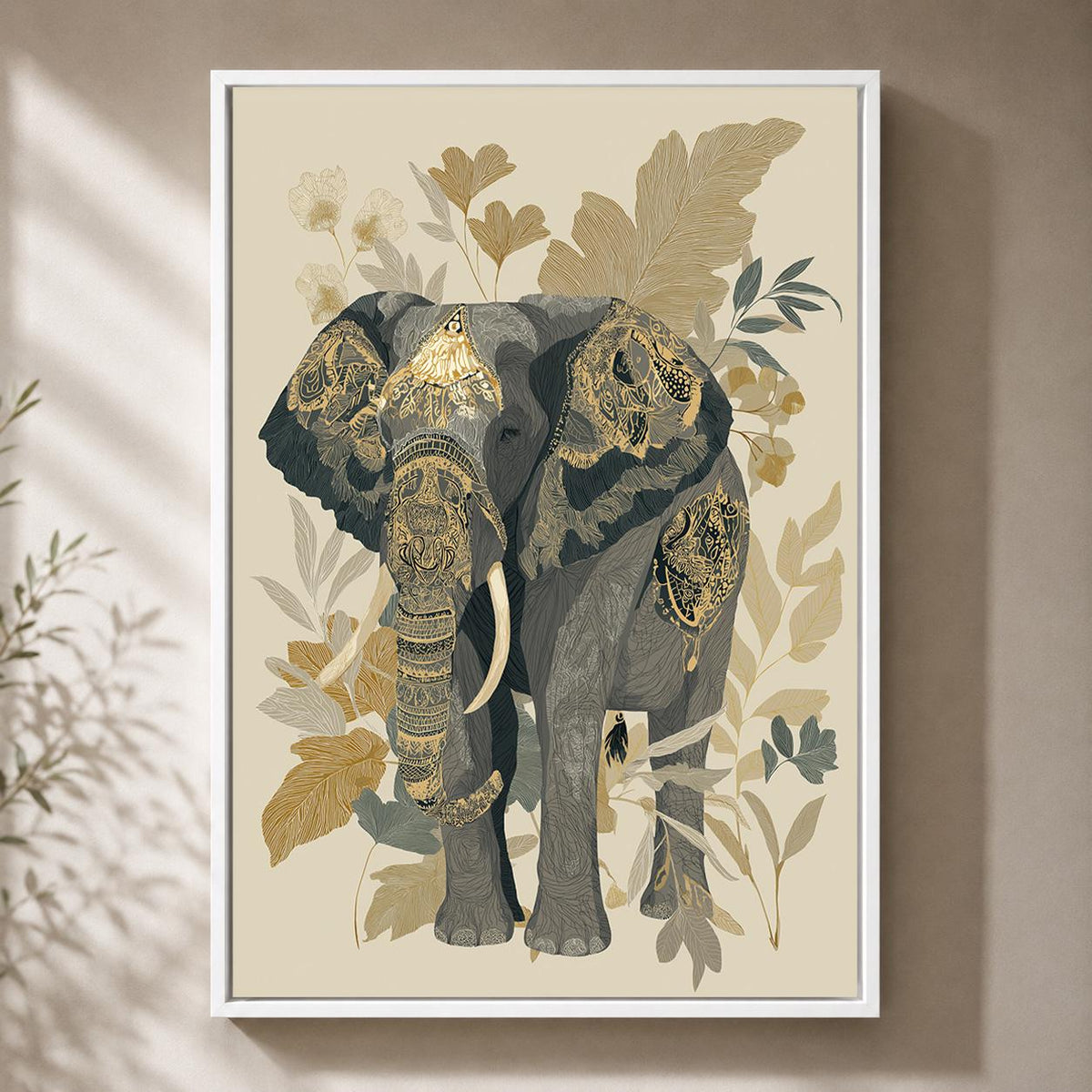 Neutral Elephant Framed Canvas Art, Boho Safari Botanical Animal Decor by The Wall Art Studio - physical