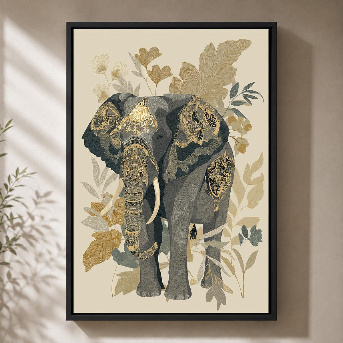 Neutral Elephant Framed Canvas Art, Boho Safari Botanical Animal Decor by The Wall Art Studio - physical