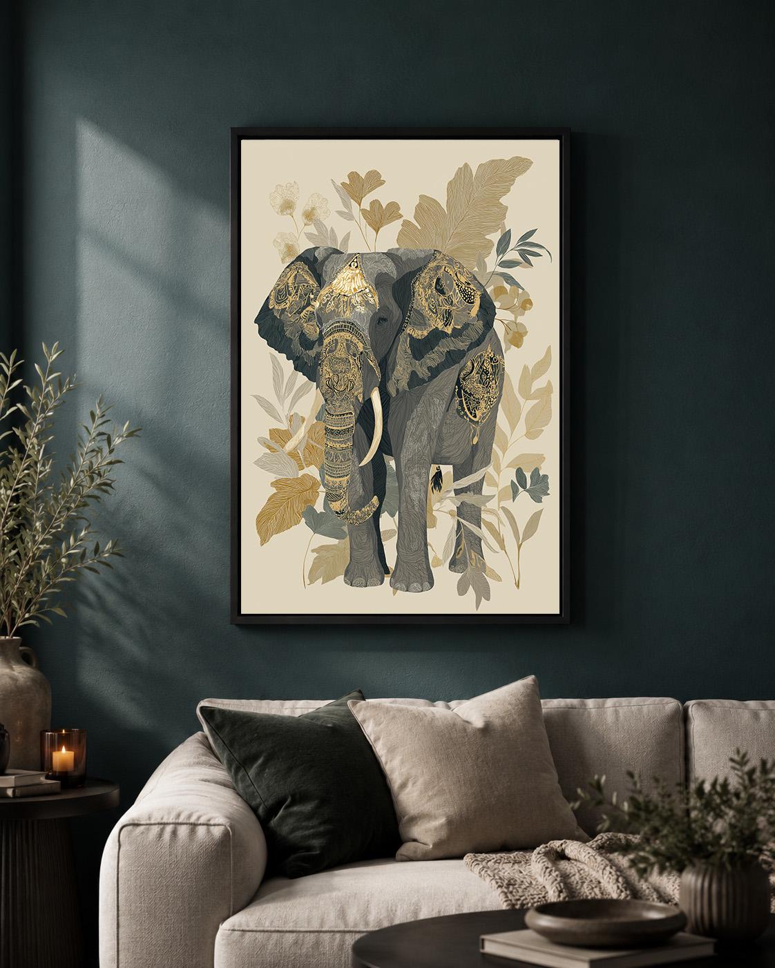 Neutral Elephant Framed Canvas Art, Boho Safari Botanical Animal Decor by The Wall Art Studio - physical
