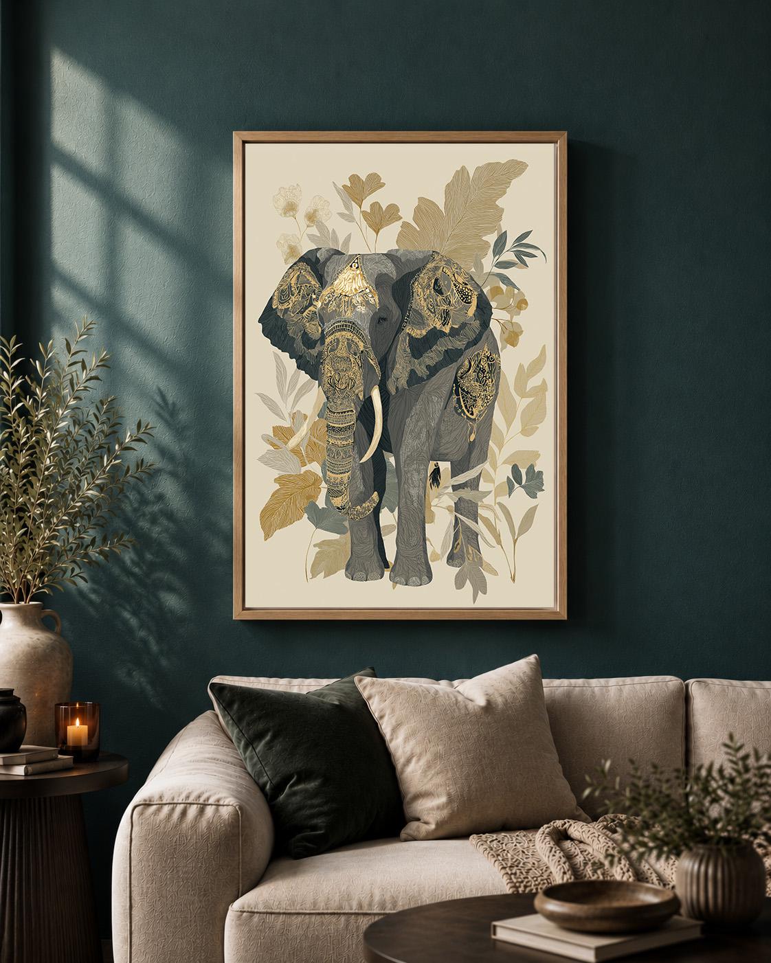 Neutral Elephant Framed Canvas Art, Boho Safari Botanical Animal Decor by The Wall Art Studio - physical