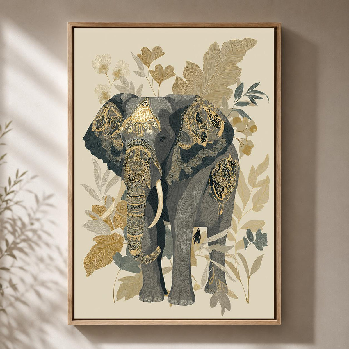 Neutral Elephant Framed Canvas Art, Boho Safari Botanical Animal Decor by The Wall Art Studio - physical