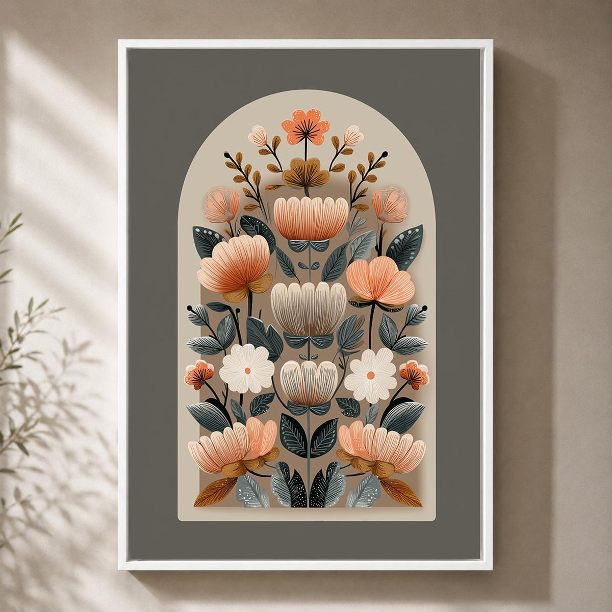 Neutral Folk Floral Framed Canvas Wall Art, Scandinavian Botanical Print, Boho Arch Flower Decor, Nordic Canvas Art by The...