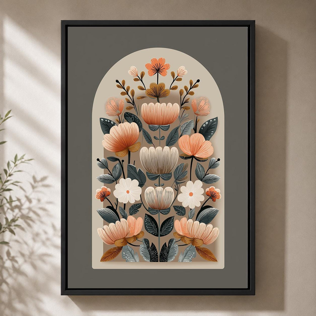 Neutral Folk Floral Framed Canvas Wall Art, Scandinavian Botanical Print, Boho Arch Flower Decor, Nordic Canvas Art by The...