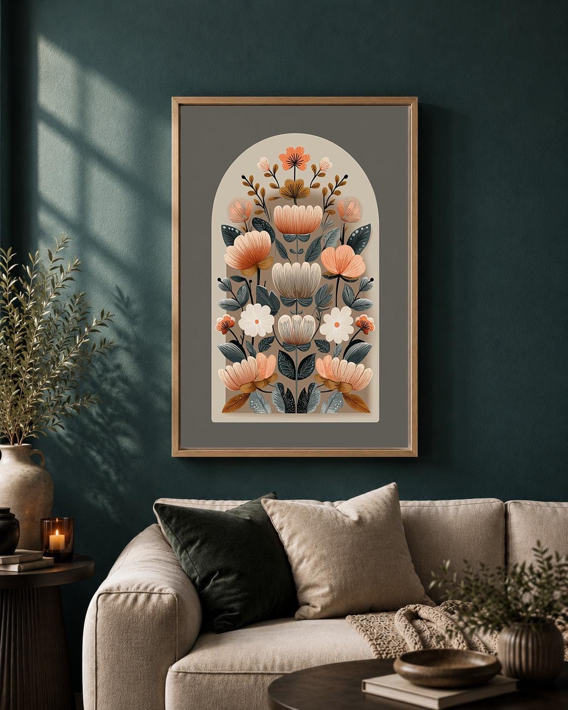 Neutral Folk Floral Framed Canvas Wall Art, Scandinavian Botanical Print, Boho Arch Flower Decor, Nordic Canvas Art by The...