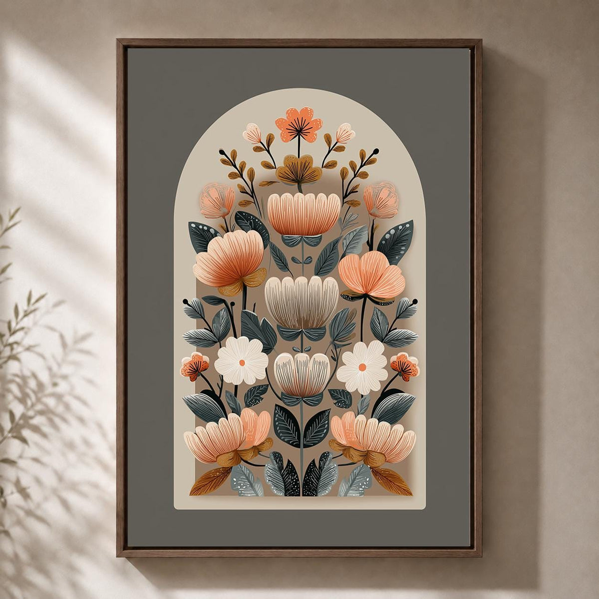 Neutral Folk Floral Framed Canvas Wall Art, Scandinavian Botanical Print, Boho Arch Flower Decor, Nordic Canvas Art by The...