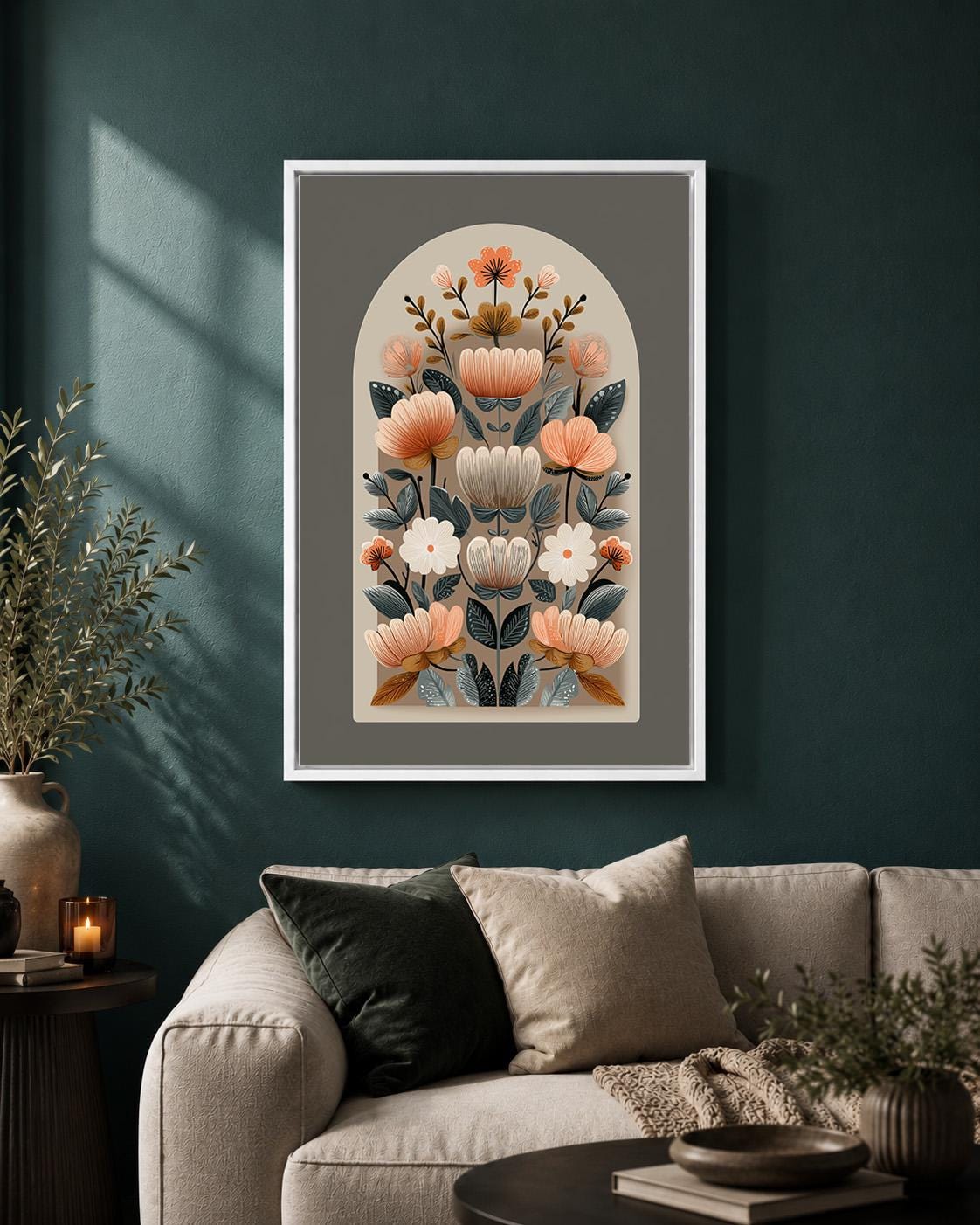 Neutral Folk Floral Framed Canvas Wall Art, Scandinavian Botanical Print, Boho Arch Flower Decor, Nordic Canvas Art by The...