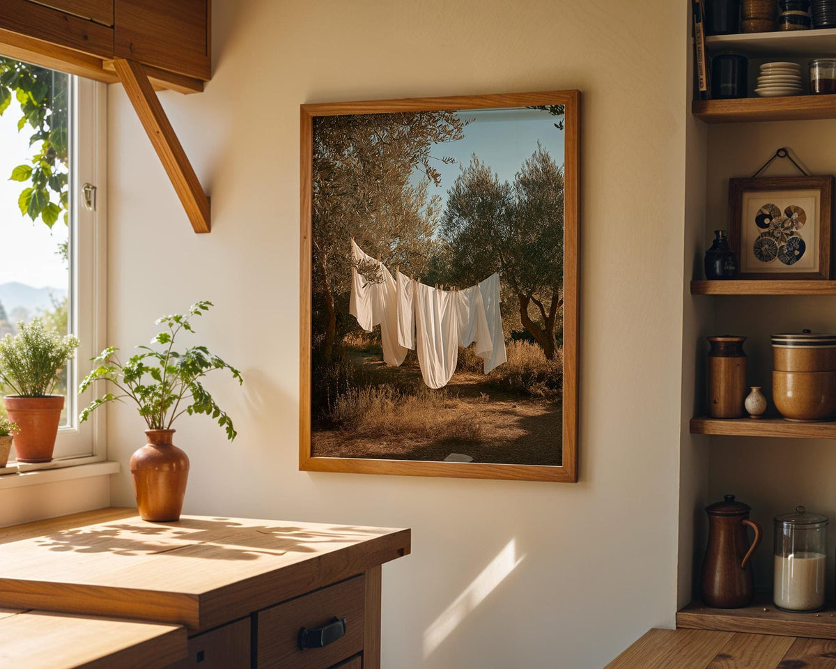 Neutral Laundry Room Wall Art Print, Mediterranean Olive Grove Decor, Moody Linen Photography, Rustic Farmhouse Laundry (F...