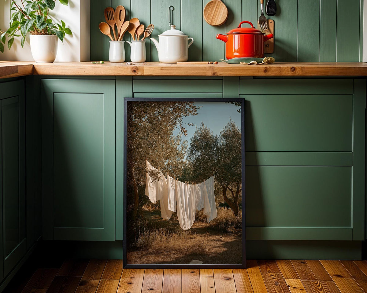 Neutral Laundry Room Wall Art Print, Mediterranean Olive Grove Decor, Moody Linen Photography, Rustic Farmhouse Laundry (F...