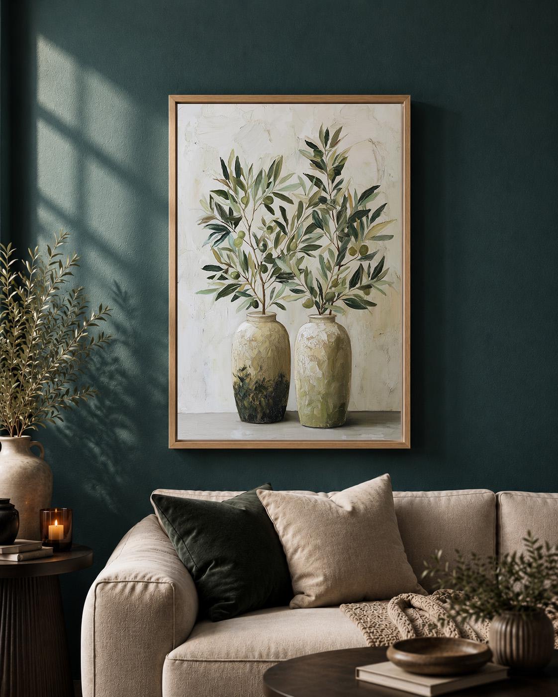 Olive Branch Framed Canvas Art, Mediterranean Olive Tree Painting, Tuscan Farmhouse Kitchen Print by The Wall Art Studio -...