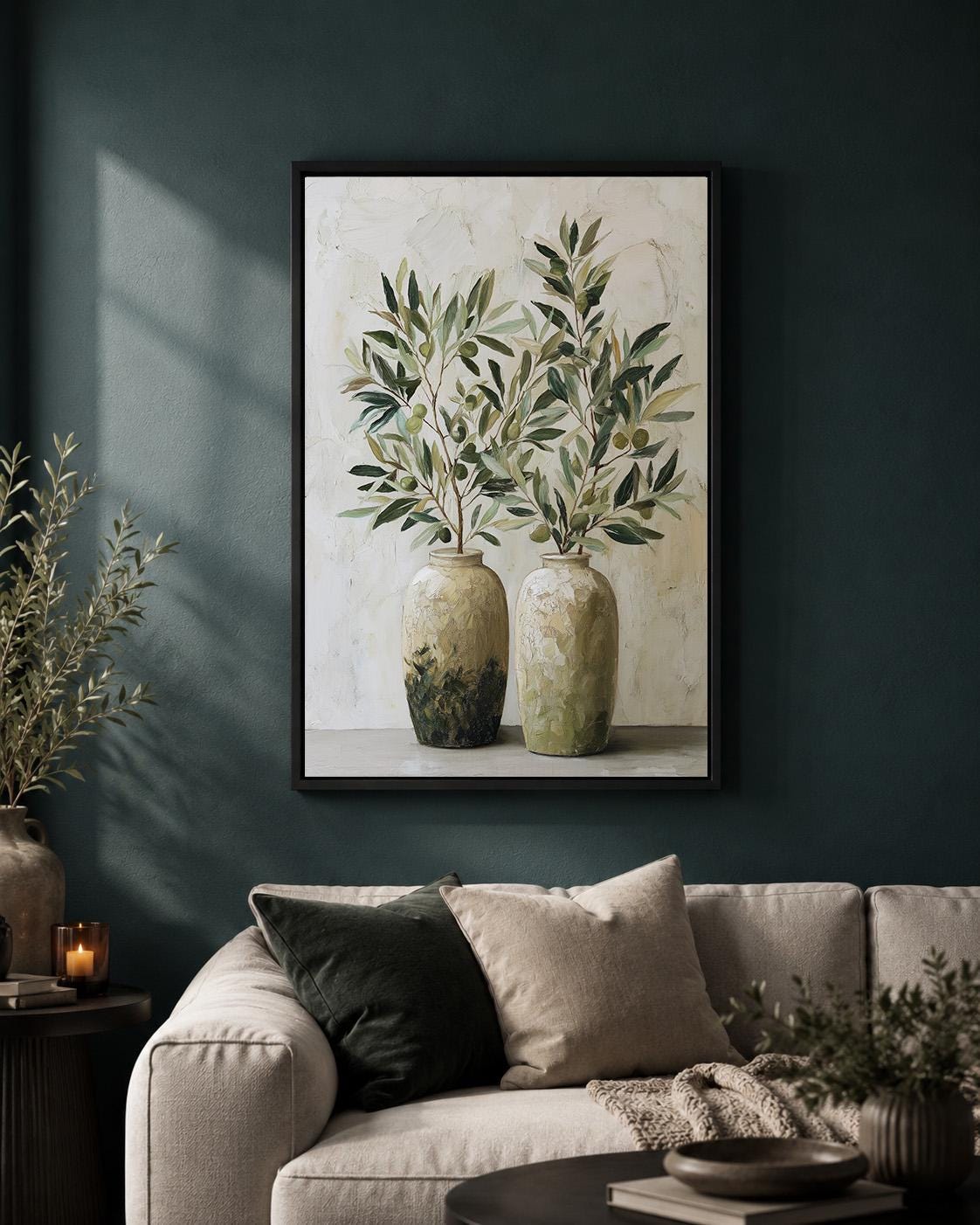 Olive Branch Framed Canvas Art, Mediterranean Olive Tree Painting, Tuscan Farmhouse Kitchen Print by The Wall Art Studio -...