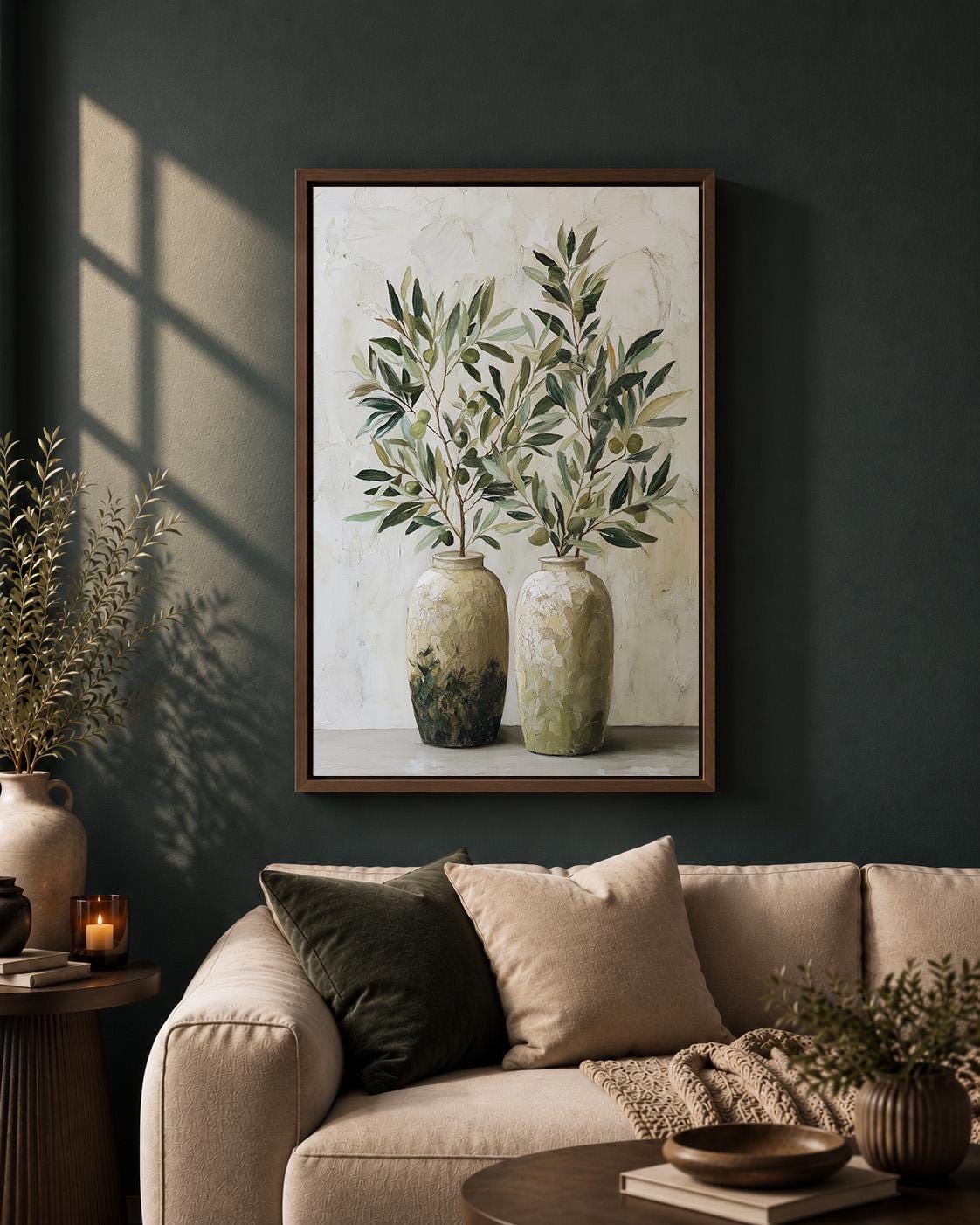 Olive Branch Framed Canvas Art, Mediterranean Olive Tree Painting, Tuscan Farmhouse Kitchen Print by The Wall Art Studio -...