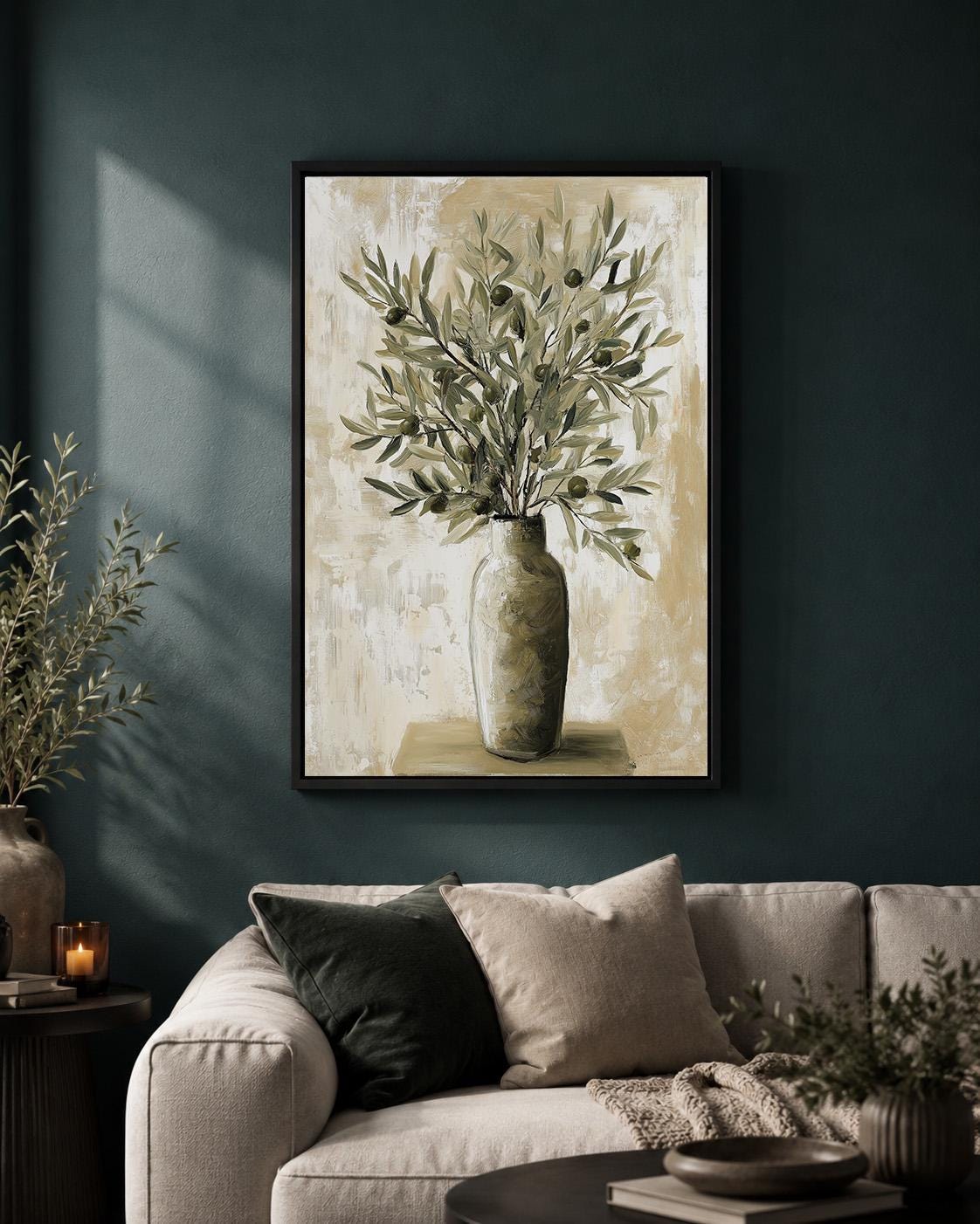 Olive Branch Framed Canvas Art, Mediterranean Olive Tree Painting, Tuscan Farmhouse Kitchen Print by The Wall Art Studio -...