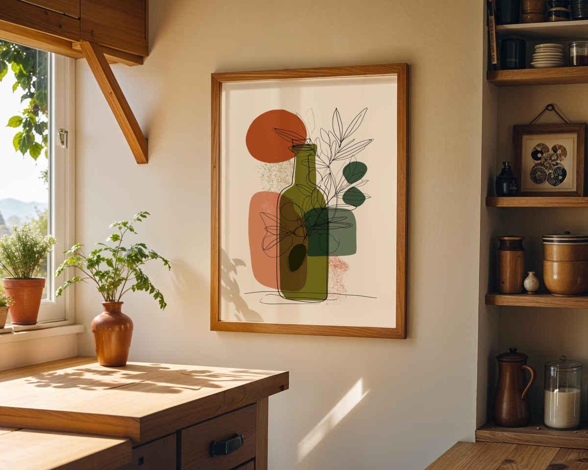 Olive Oil Bottle Art Print • Minimalist Botanical Line Art • Modern Abstract Kitchen Wall Décor • Mediterranean Style Prin...