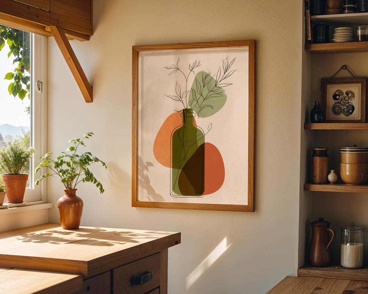 Olive Oil Bottle Art Print • Minimalist Botanical Line Art • Modern Abstract Kitchen Wall Décor • Mediterranean Style Prin...