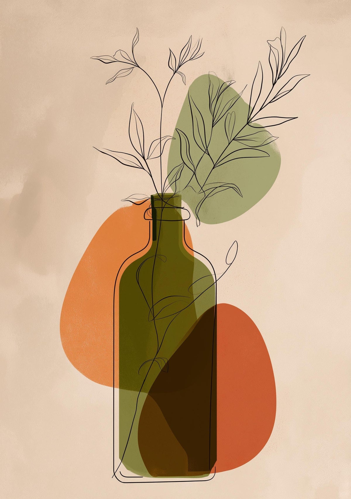 Olive Oil Bottle Art Print • Minimalist Botanical Line Art • Modern Abstract Kitchen Wall Décor • Mediterranean Style Prin...