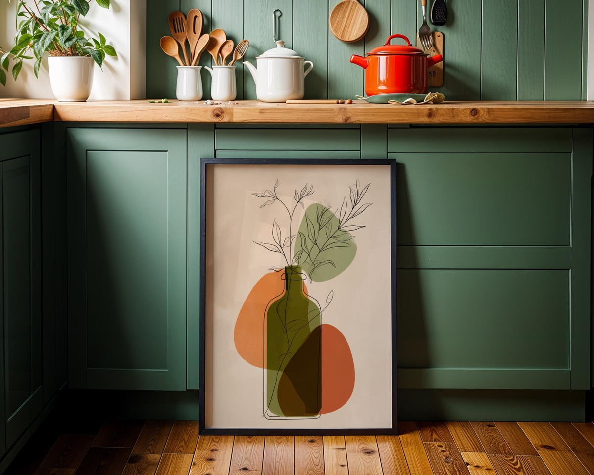 Olive Oil Bottle Art Print • Minimalist Botanical Line Art • Modern Abstract Kitchen Wall Décor • Mediterranean Style Prin...