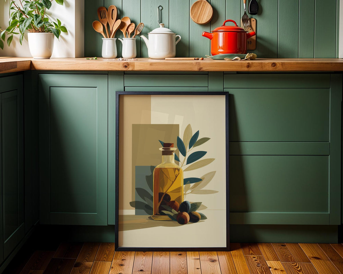 Olive Oil Bottle Art Print • Minimalist Botanical Line Art • Modern Abstract Kitchen Wall Décor • Mediterranean Style Prin...