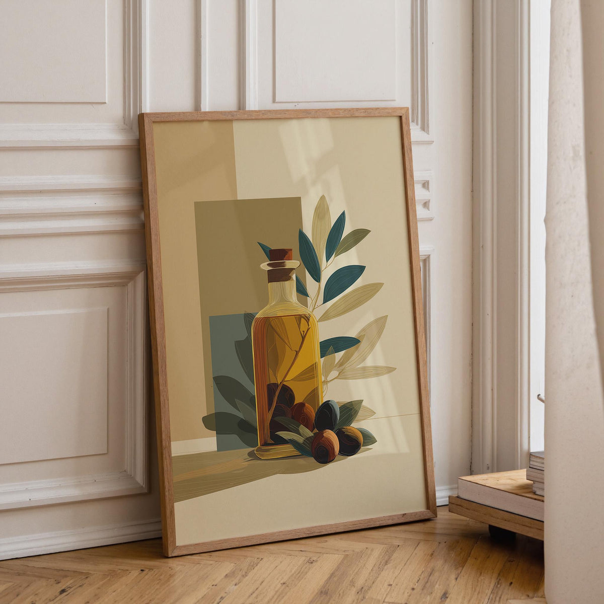 Olive Oil Bottle Art Print • Minimalist Botanical Line Art • Modern Abstract Kitchen Wall Décor • Mediterranean Style Prin...
