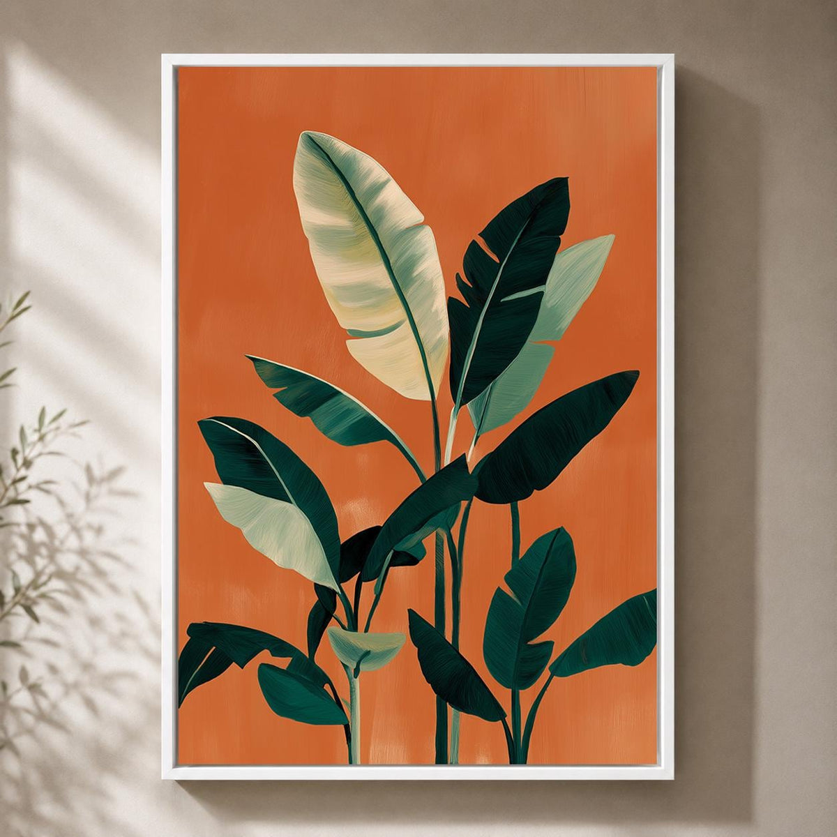 Orange Tropical Leaf Mid Century Modern Framed Canvas Art, Botanical Palm Print by The Wall Art Studio - physical