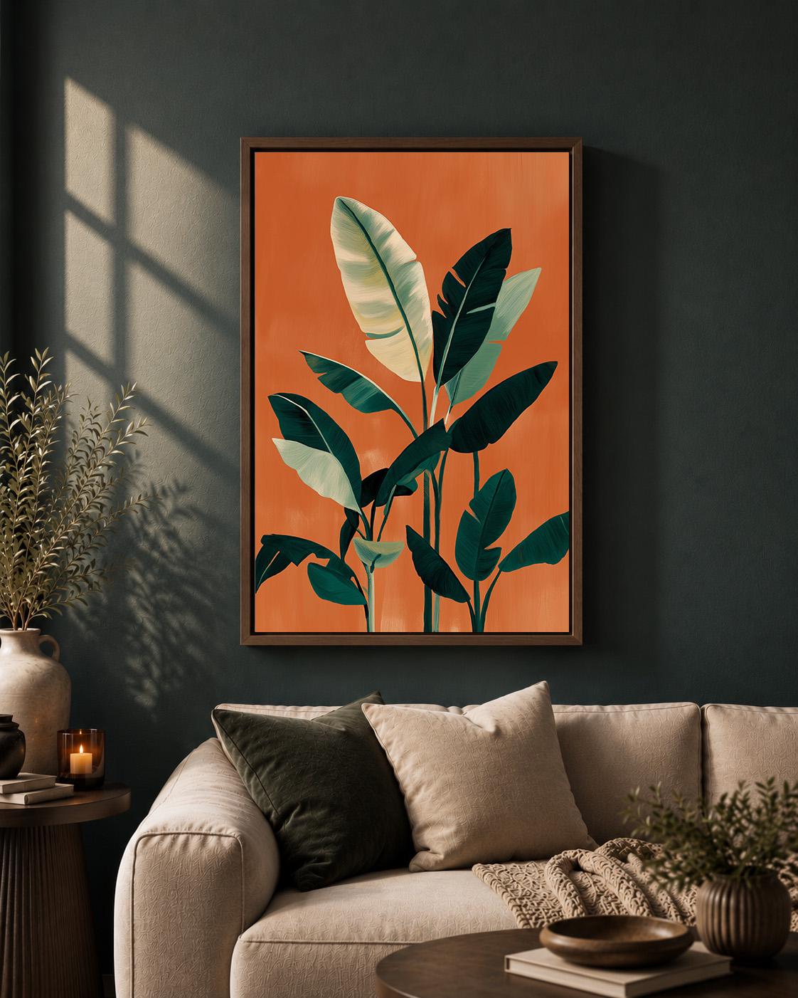 Orange Tropical Leaf Mid Century Modern Framed Canvas Art, Botanical Palm Print by The Wall Art Studio - physical