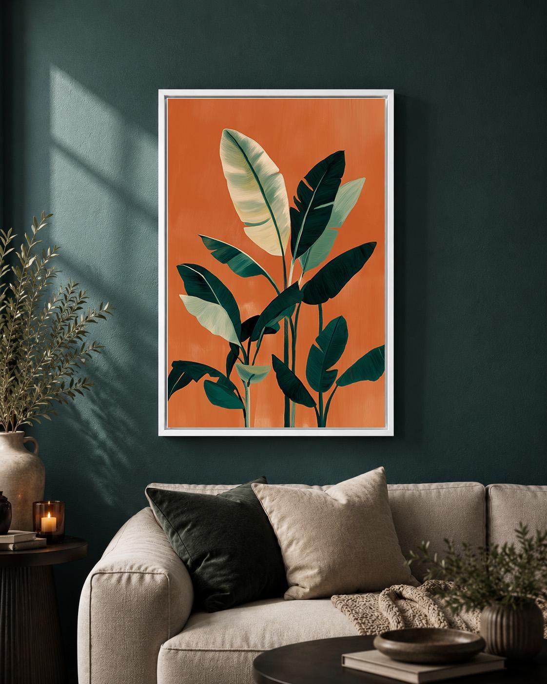 Orange Tropical Leaf Mid Century Modern Framed Canvas Art, Botanical Palm Print by The Wall Art Studio - physical