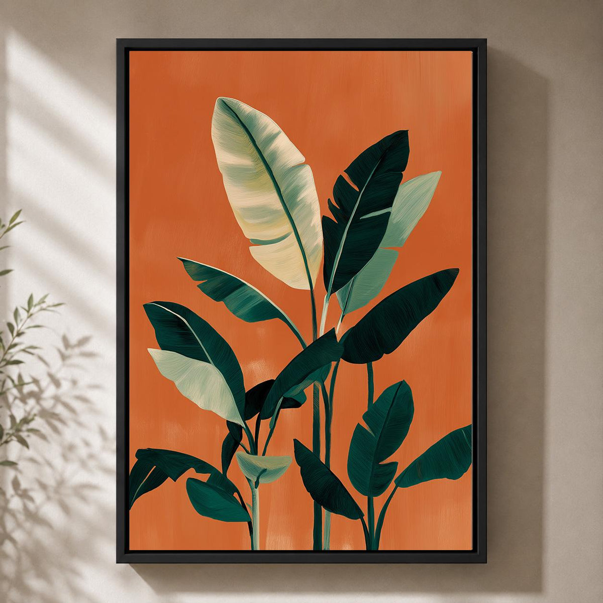 Orange Tropical Leaf Mid Century Modern Framed Canvas Art, Botanical Palm Print by The Wall Art Studio - physical