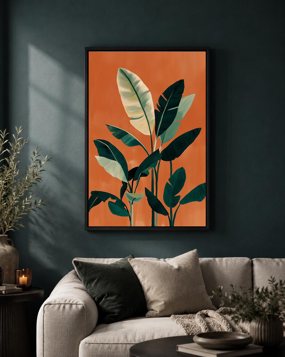 Orange Tropical Leaf Mid Century Modern Framed Canvas Art, Botanical Palm Print by The Wall Art Studio - physical