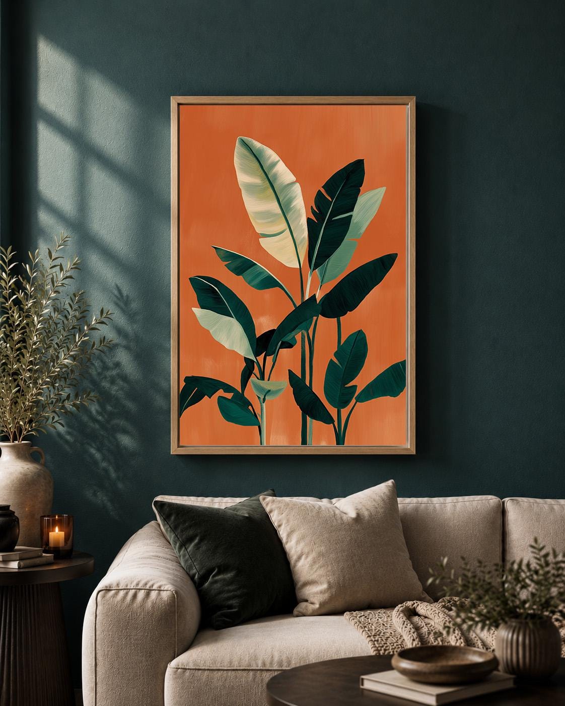 Orange Tropical Leaf Mid Century Modern Framed Canvas Art, Botanical Palm Print by The Wall Art Studio - physical