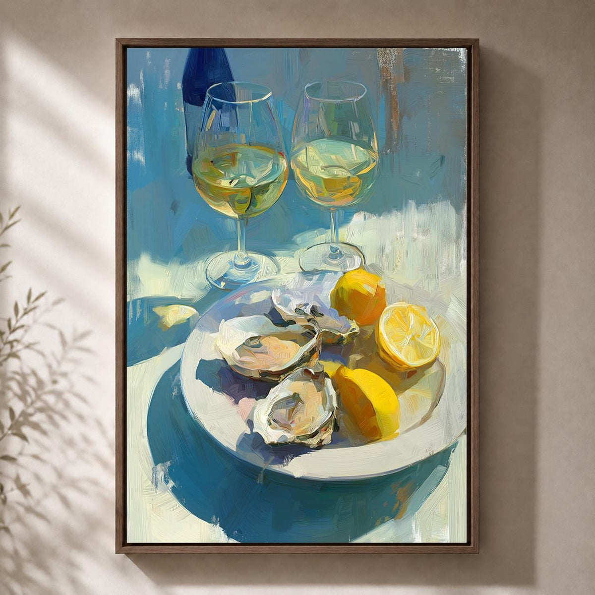 Oyster and White Wine Framed Canvas Art, Coastal Kitchen Dining Print by The Wall Art Studio - physical