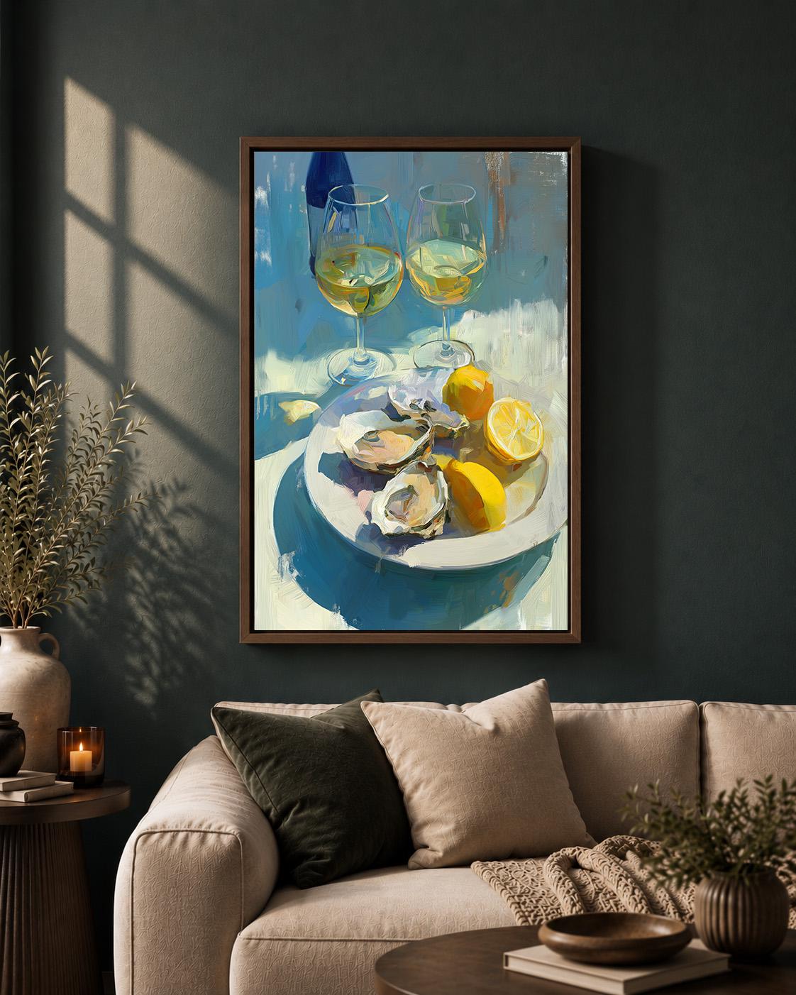 Oyster and White Wine Framed Canvas Art, Coastal Kitchen Dining Print by The Wall Art Studio - physical