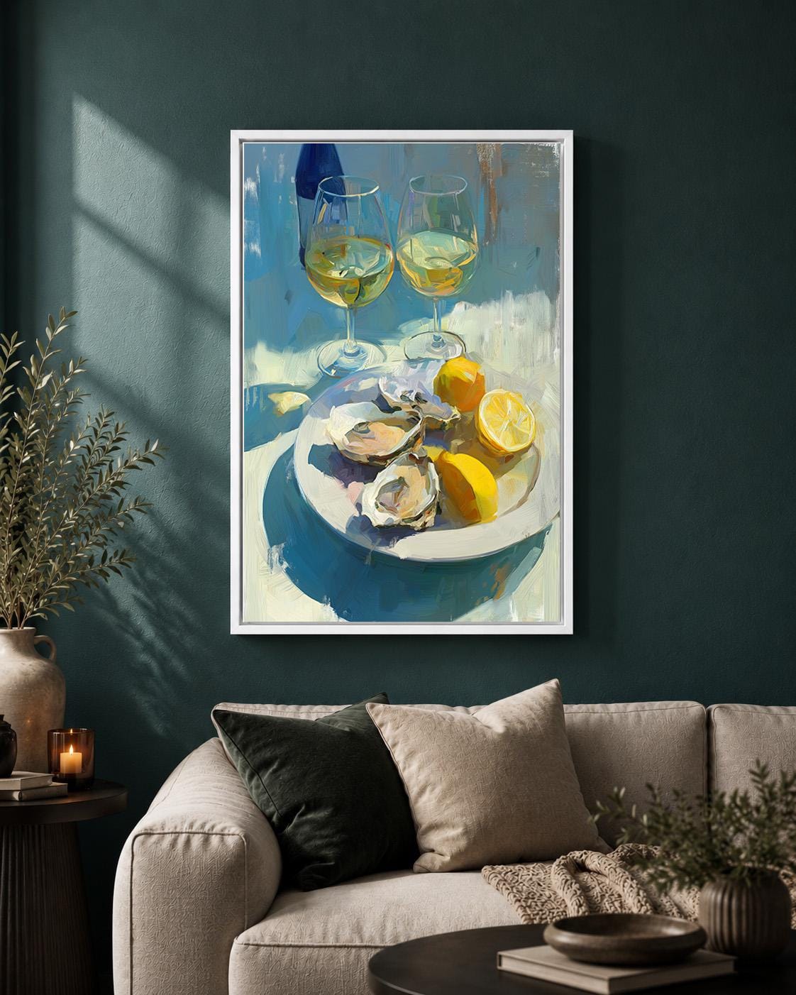 Oyster and White Wine Framed Canvas Art, Coastal Kitchen Dining Print by The Wall Art Studio - physical