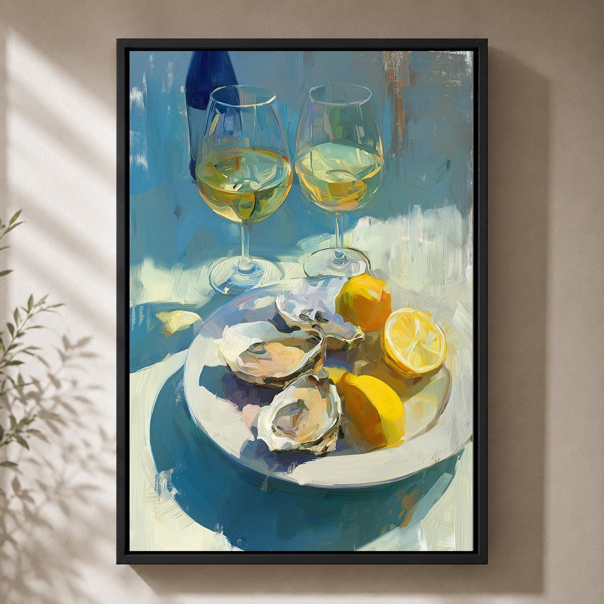 Oyster and White Wine Framed Canvas Art, Coastal Kitchen Dining Print by The Wall Art Studio - physical