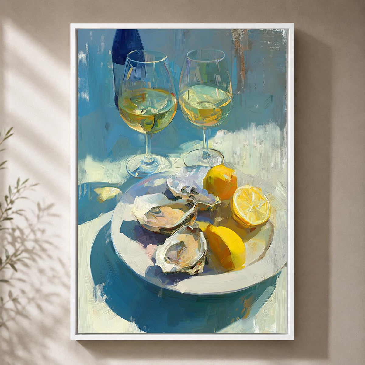 Oyster and White Wine Framed Canvas Art, Coastal Kitchen Dining Print by The Wall Art Studio - physical