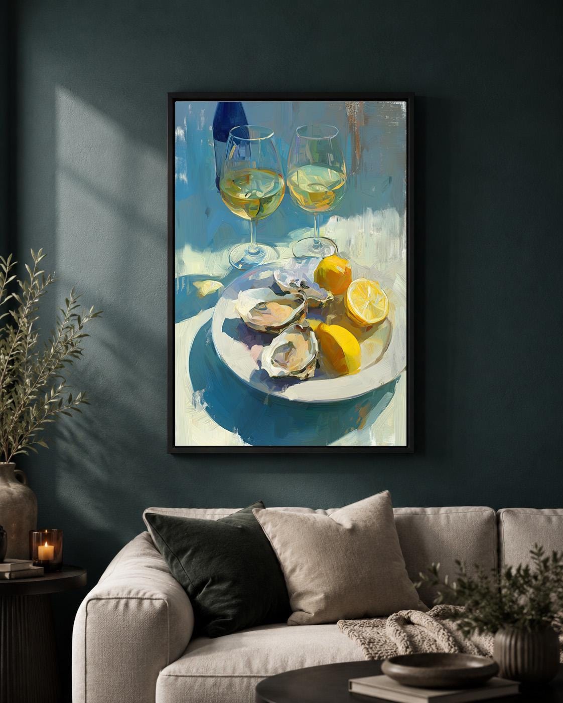 Oyster and White Wine Framed Canvas Art, Coastal Kitchen Dining Print by The Wall Art Studio - physical