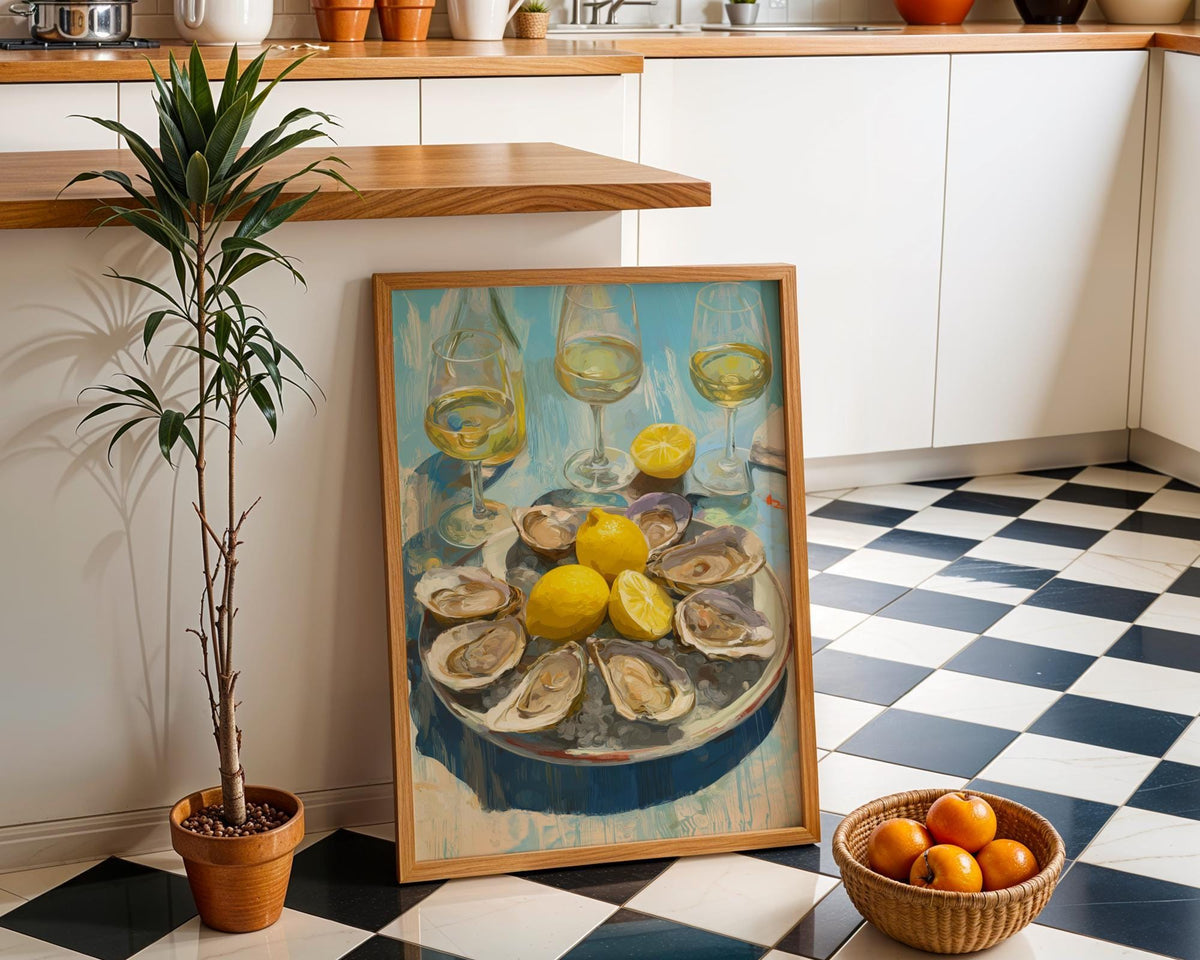Oysters and White Wine Still Life • Coastal Kitchen Art Print • Lemon & Seafood Wall Décor • Mediterranean Dining Room Art...