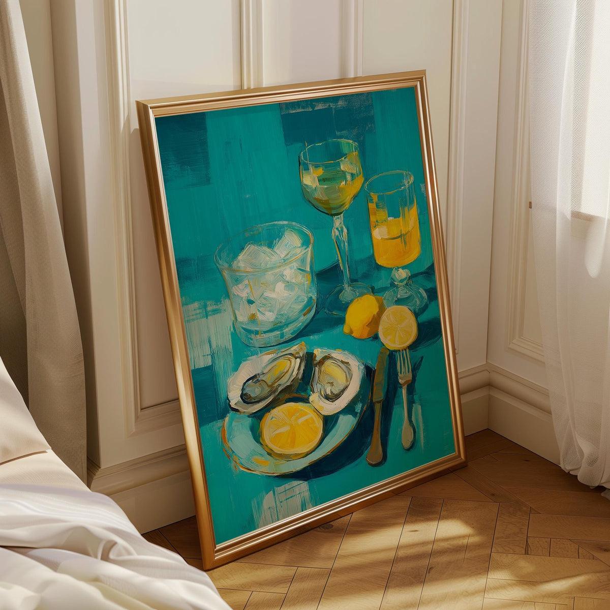 Oysters and White Wine Still Life • Coastal Kitchen Art Print • Lemon & Seafood Wall Décor • Mediterranean Dining Room Art...