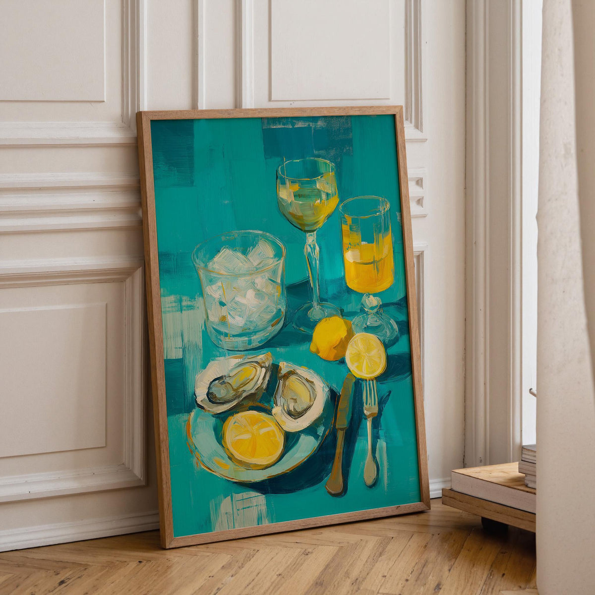 Oysters and White Wine Still Life • Coastal Kitchen Art Print • Lemon & Seafood Wall Décor • Mediterranean Dining Room Art...