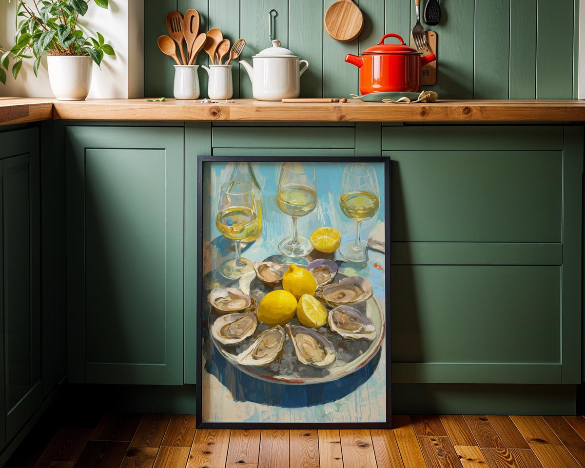 Oysters and White Wine Still Life • Coastal Kitchen Art Print • Lemon & Seafood Wall Décor • Mediterranean Dining Room Art...