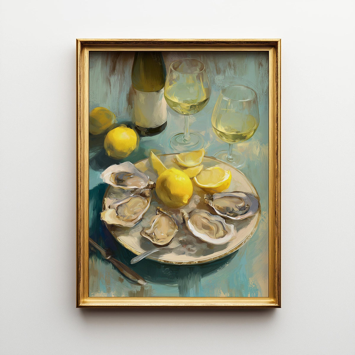 Oysters and White Wine Still Life • Coastal Kitchen Art Print • Lemon & Seafood Wall Décor • Mediterranean Dining Room Art...