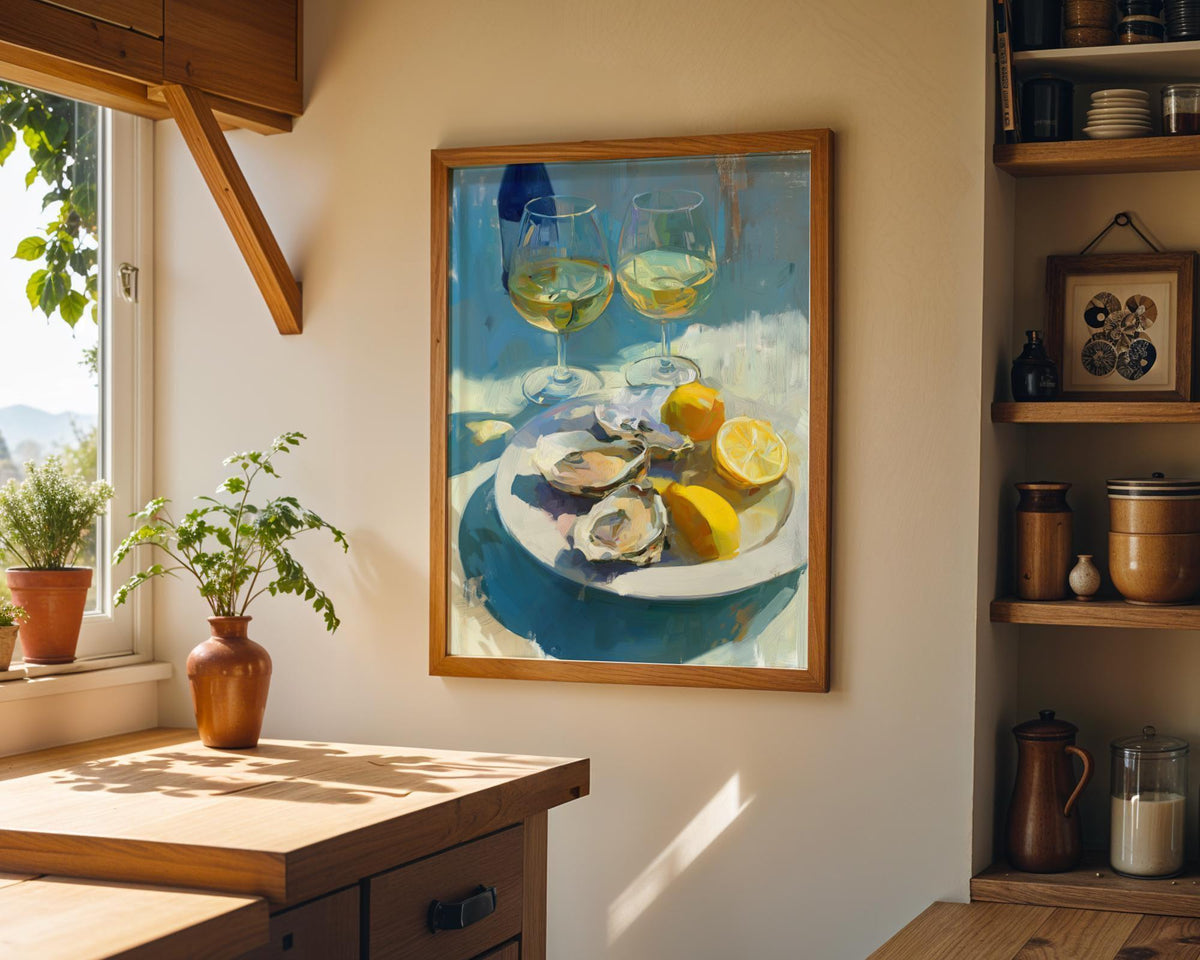 Oysters and White Wine Still Life • Coastal Kitchen Art Print • Lemon & Seafood Wall Décor • Mediterranean Dining Room Art...