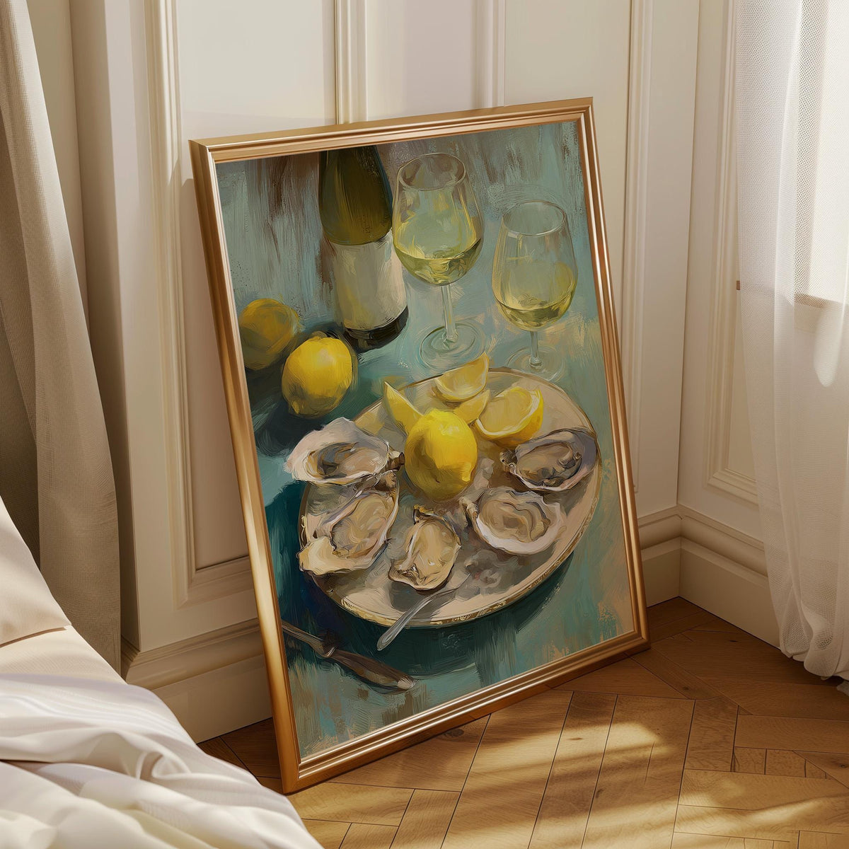 Oysters and White Wine Still Life • Coastal Kitchen Art Print • Lemon & Seafood Wall Décor • Mediterranean Dining Room Art...