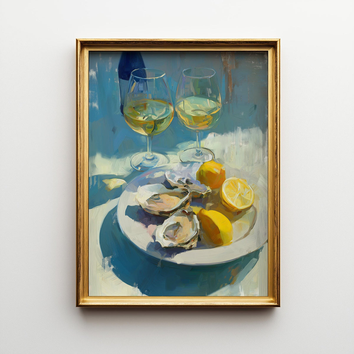 Oysters and White Wine Still Life • Coastal Kitchen Art Print • Lemon & Seafood Wall Décor • Mediterranean Dining Room Art...