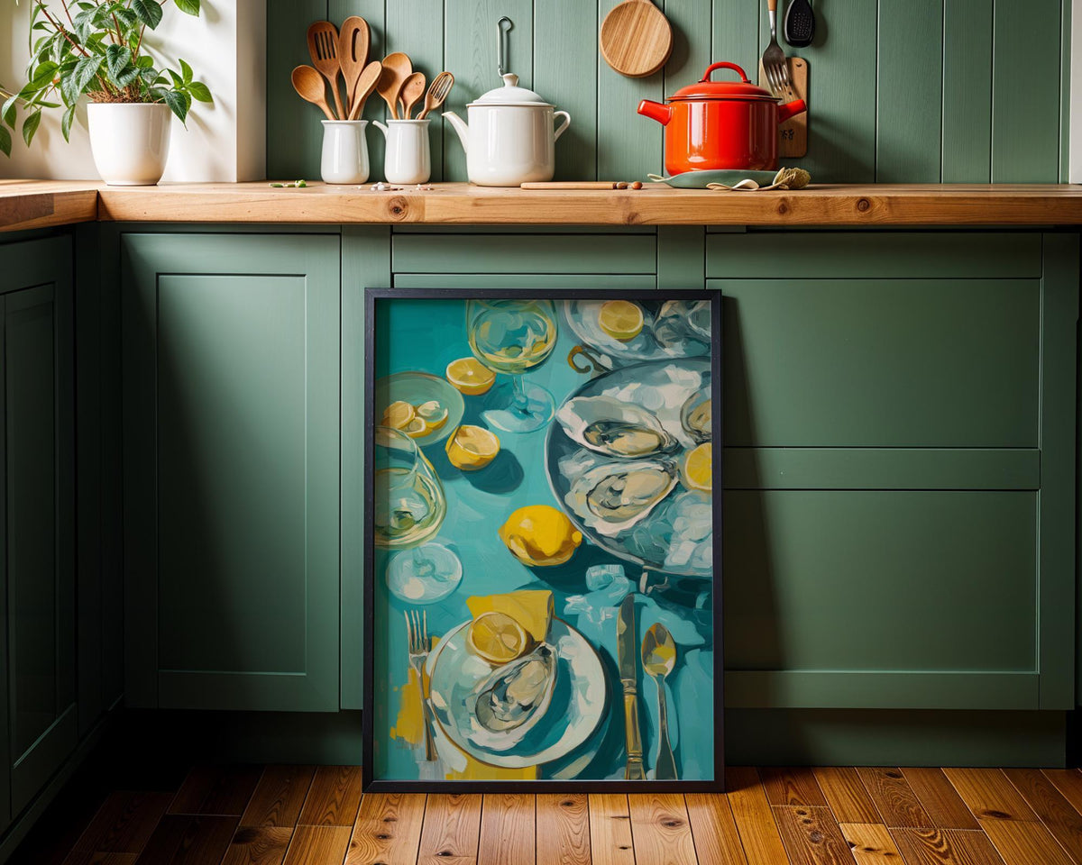 Oysters and White Wine Still Life • Coastal Kitchen Art Print • Lemon & Seafood Wall Décor • Mediterranean Dining Room Art...