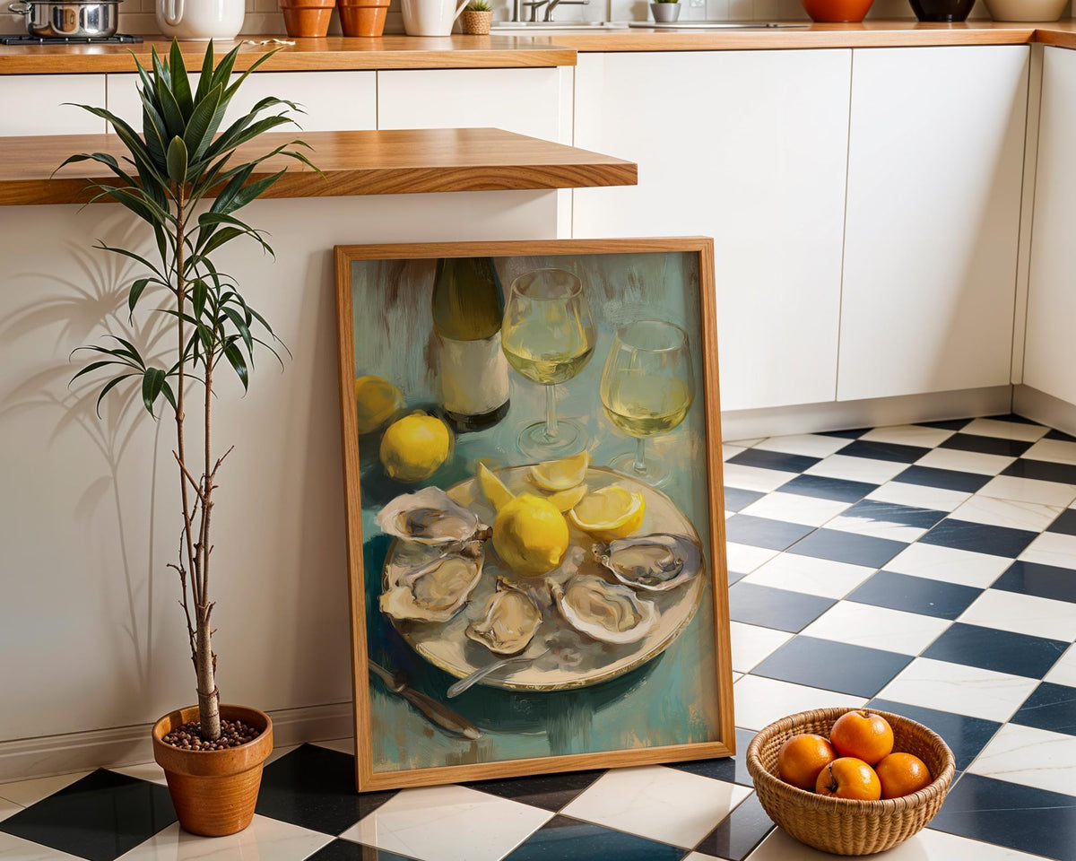 Oysters and White Wine Still Life • Coastal Kitchen Art Print • Lemon & Seafood Wall Décor • Mediterranean Dining Room Art...
