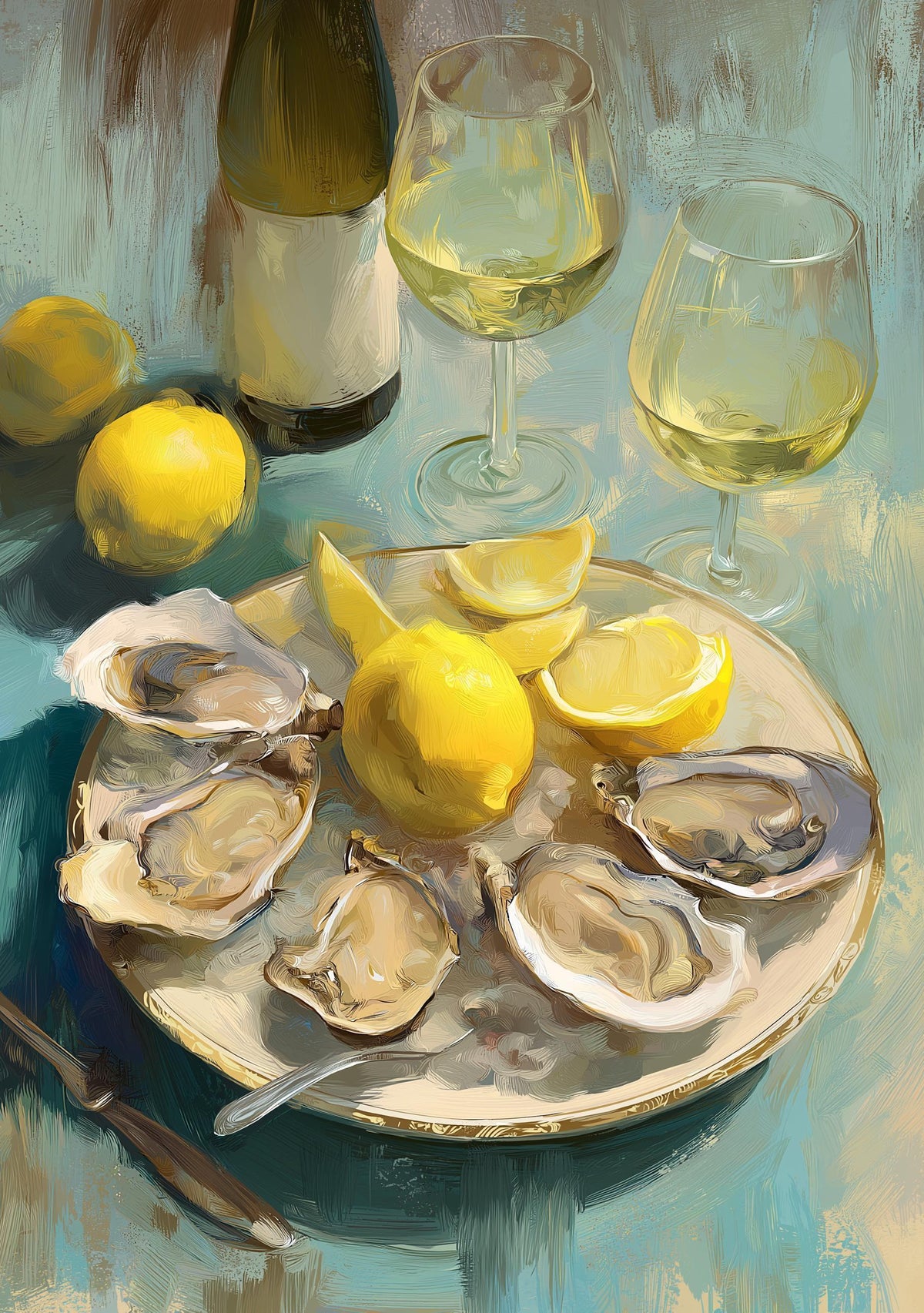 Oysters and White Wine Still Life • Coastal Kitchen Art Print • Lemon & Seafood Wall Décor • Mediterranean Dining Room Art...