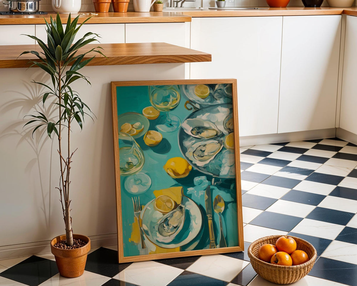 Oysters and White Wine Still Life • Coastal Kitchen Art Print • Lemon & Seafood Wall Décor • Mediterranean Dining Room Art...