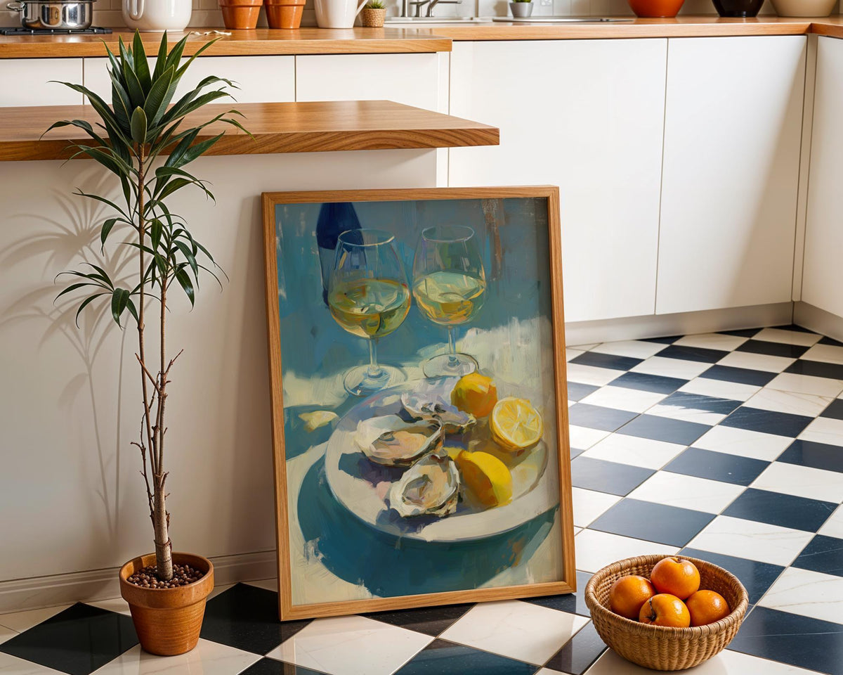 Oysters and White Wine Still Life • Coastal Kitchen Art Print • Lemon & Seafood Wall Décor • Mediterranean Dining Room Art...
