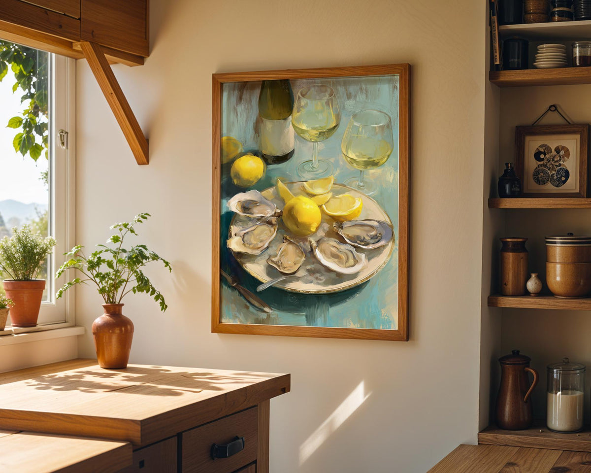 Oysters and White Wine Still Life • Coastal Kitchen Art Print • Lemon & Seafood Wall Décor • Mediterranean Dining Room Art...