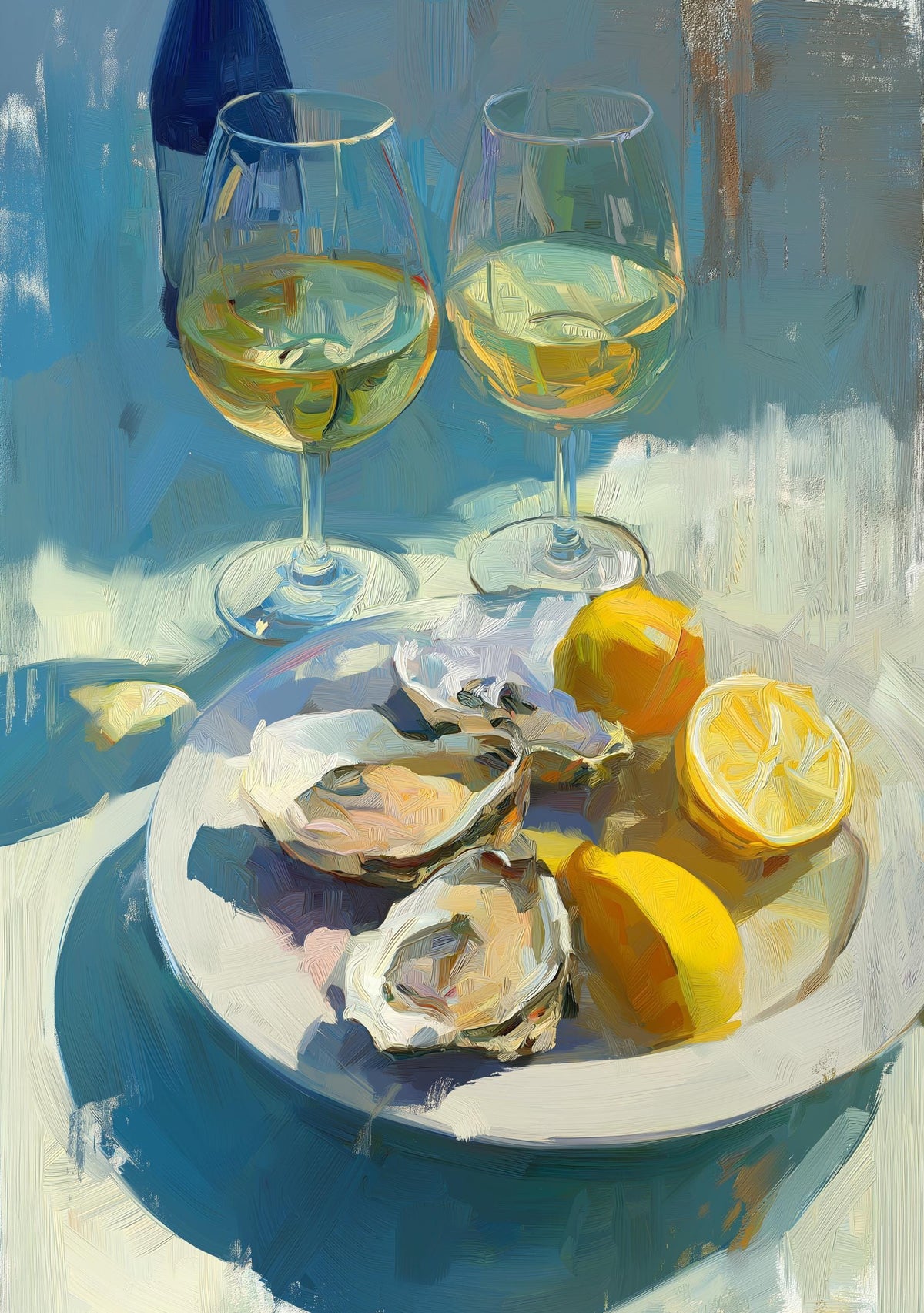 Oysters and White Wine Still Life • Coastal Kitchen Art Print • Lemon & Seafood Wall Décor • Mediterranean Dining Room Art...